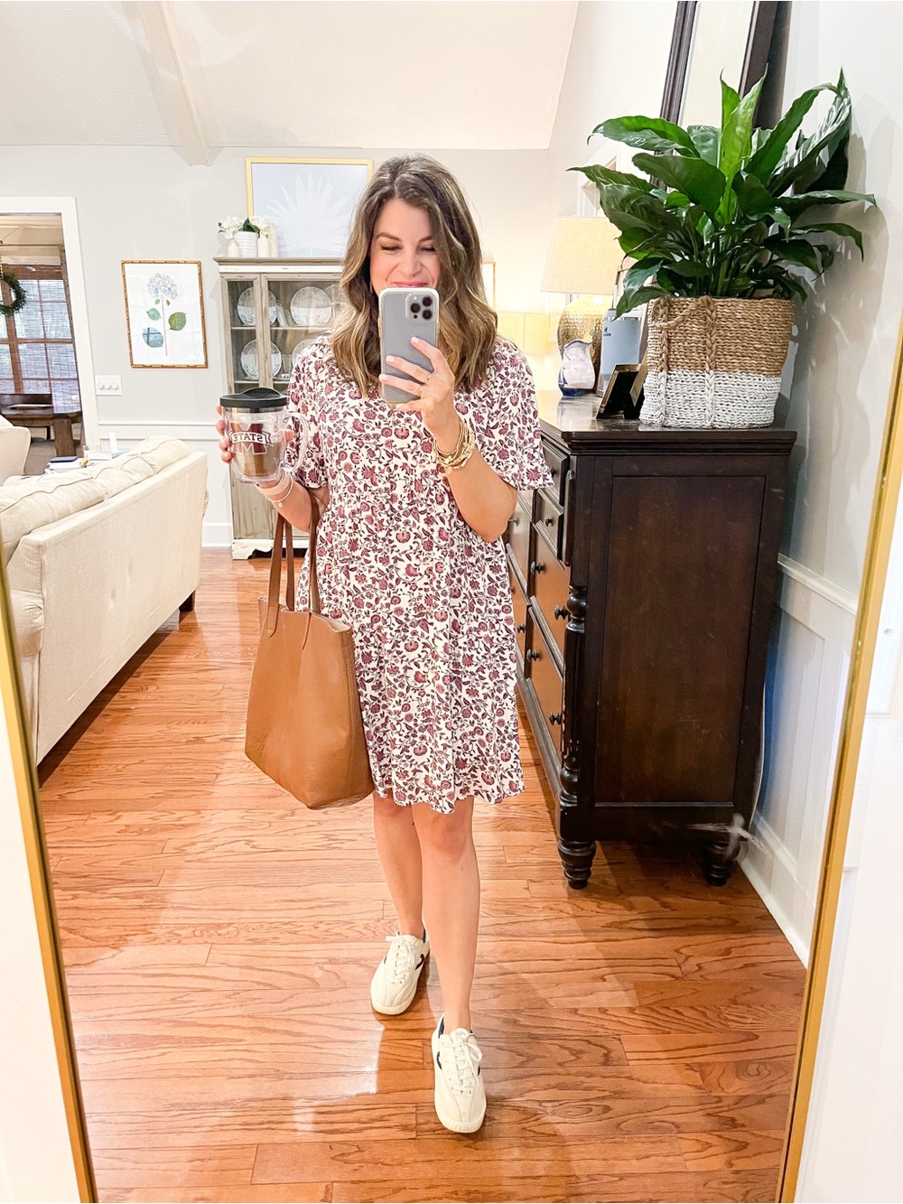 Target White and Mauve Floral Short Sleeve Swing Dress